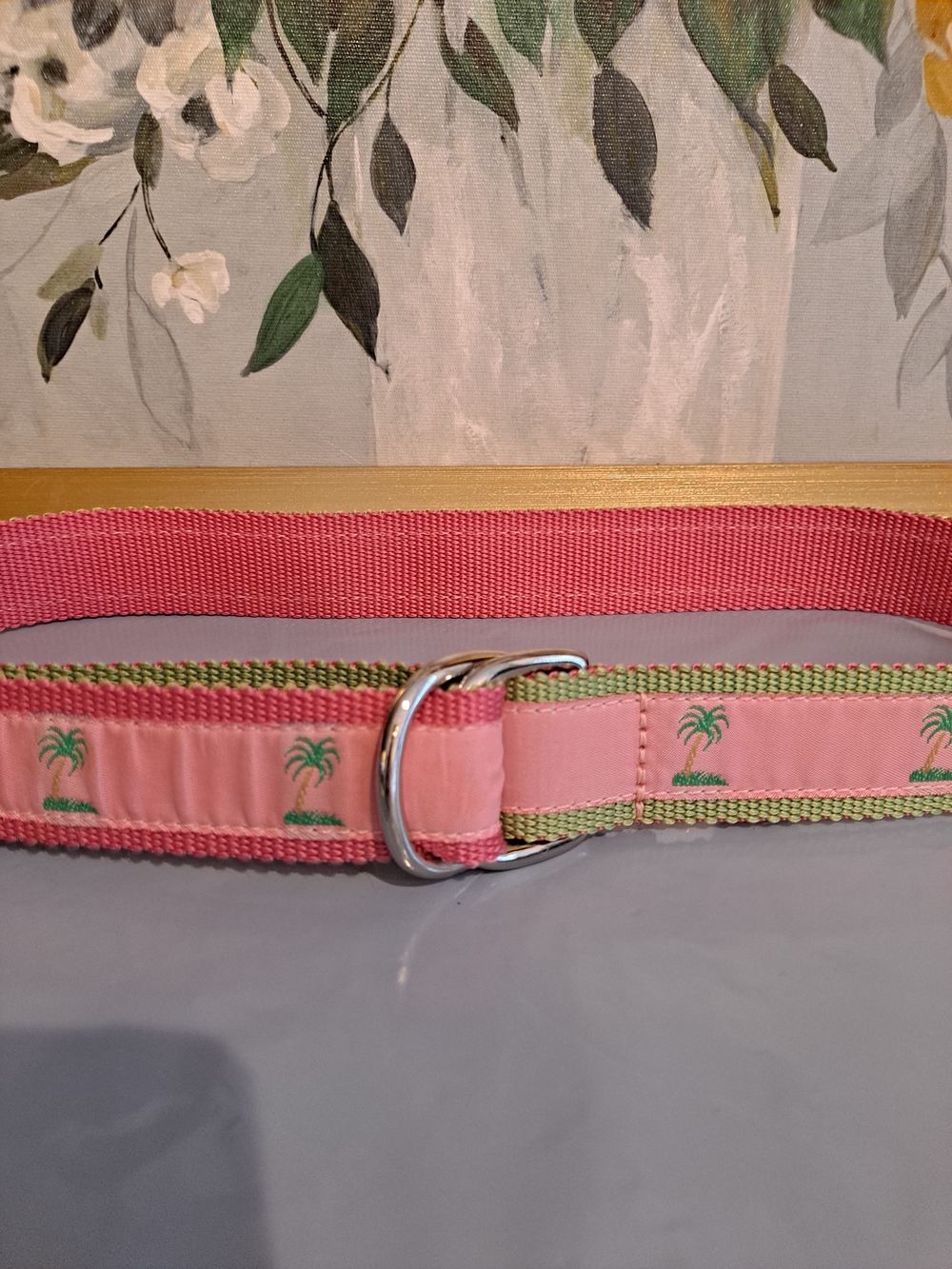 Eliza B. Leatherman Ltd. Pink Green Palm Tree-Embroidered D-Ring Webbing Belt